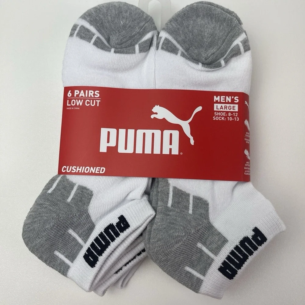 PUMA Mens 6 Pairs Pack‎ Socks Low Cut Cushioned Size 10-13 Shoe 8-12 White Grey